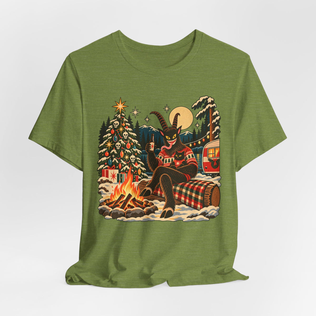 Krampus Campfire Christmas T-Shirt in Heather Team Purple - funny dark Krampus campfire Christmas holiday graphic tee, Barely Outdoorsy