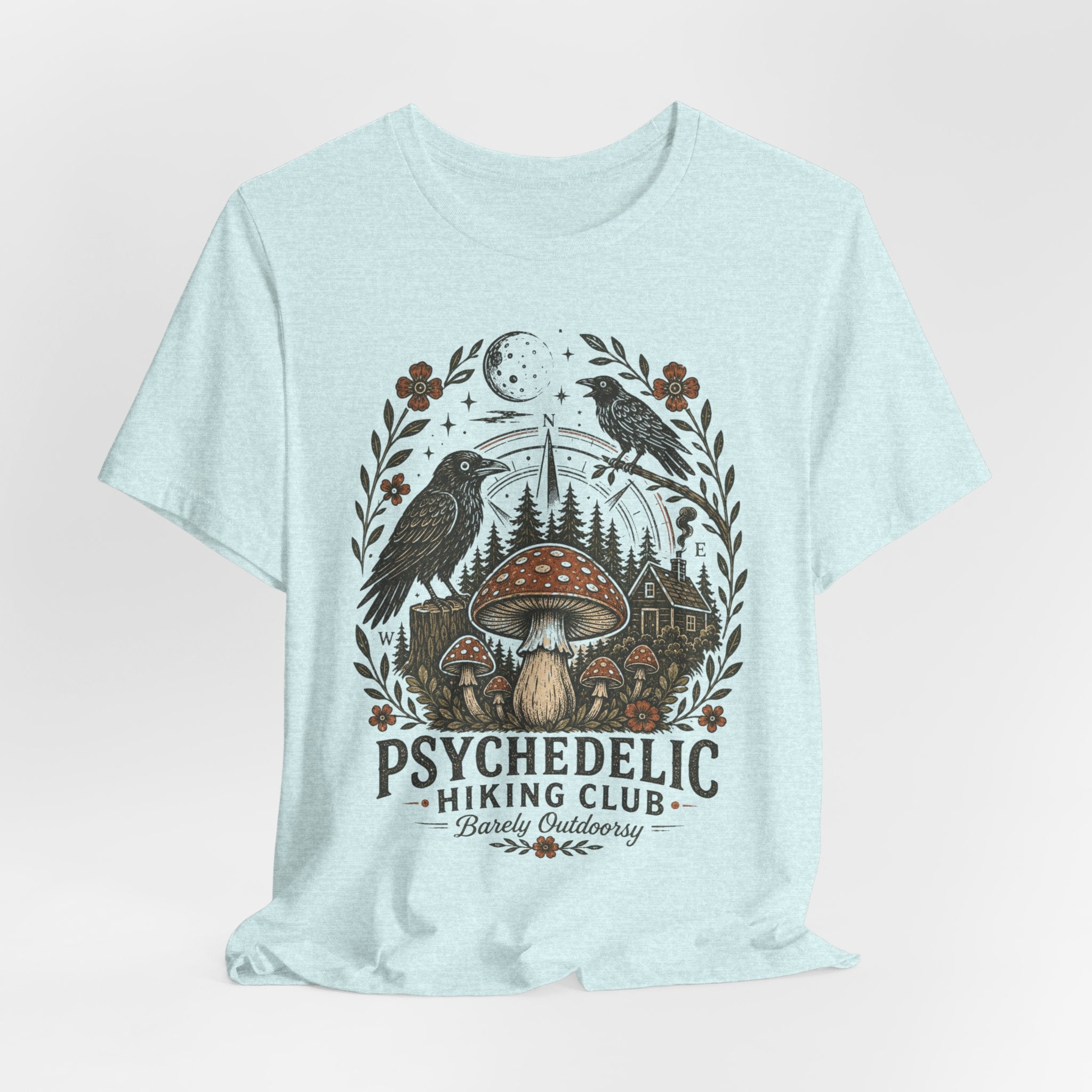 Psychedelic Hiking Club Tee in Mauve - funny dark cottagecore hiking club shirt, Barely Outdoorsy Bella Canvas 3001