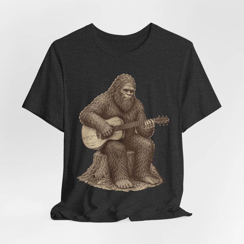 Bigfoot Guitar Tee flat lay Dark Grey Heather - unisex crew neck vintage Bigfoot guitar graphic tee, Barely Outdoorsy