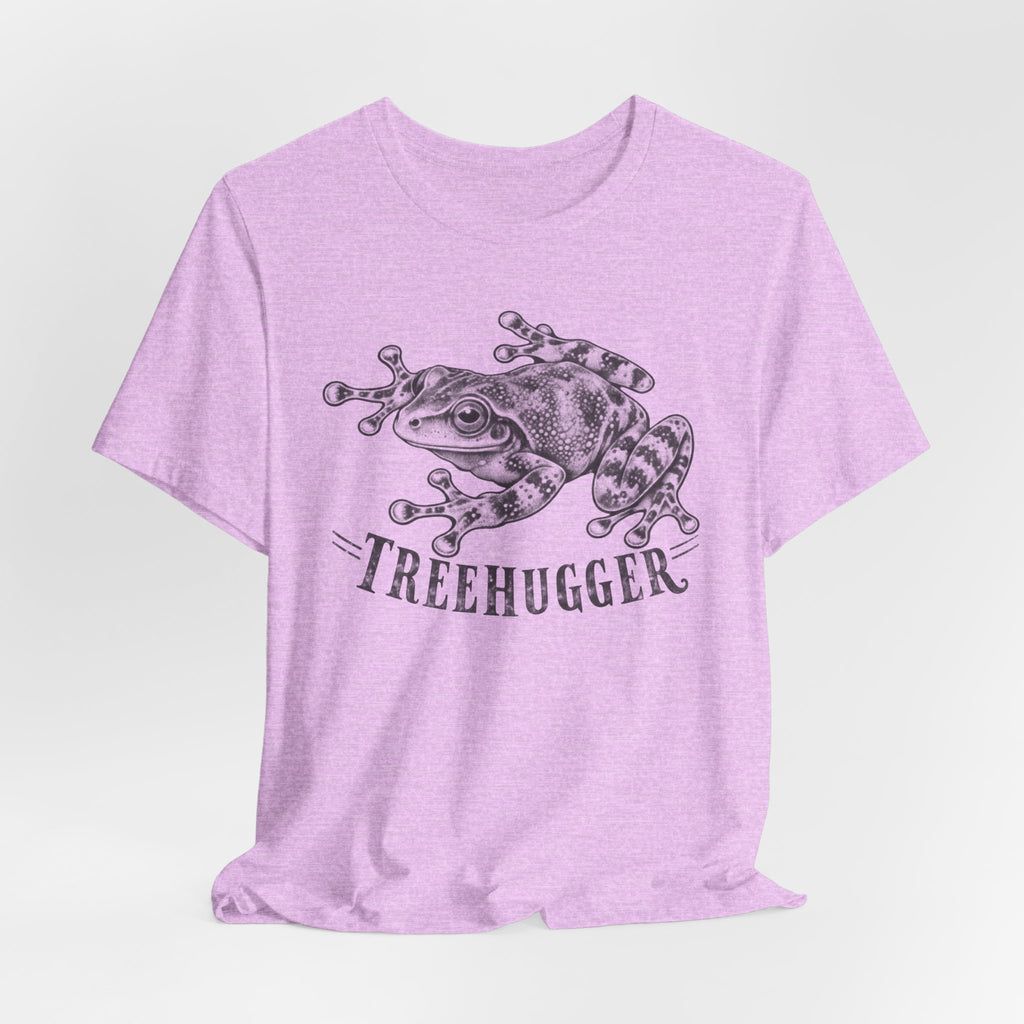 Treehugger Tree Frog Tee flat lay Athletic Heather - unisex crew neck tree frog graphic tee, Barely Outdoorsy
