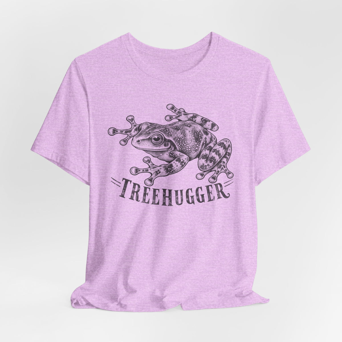 Treehugger Tree Frog Tee flat lay Athletic Heather - unisex crew neck tree frog graphic tee, Barely Outdoorsy