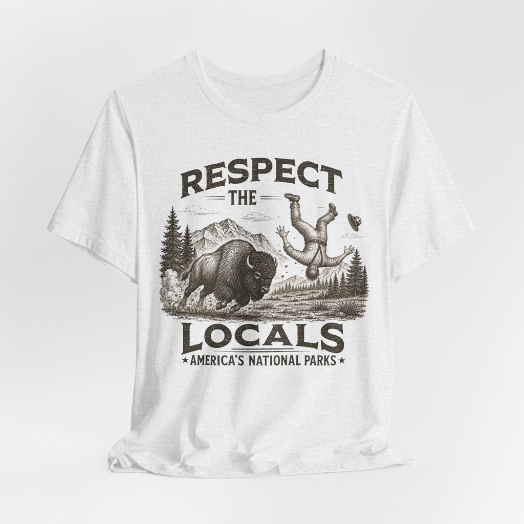 Respect The Locals Bison Tee flat lay White - unisex crew neck vintage bison graphic tee, Barely Outdoorsy