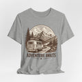 Adventure Awaits Tee in Heather Peach - retro sepia camper van road trip graphic shirt, Barely Outdoorsy Bella Canvas