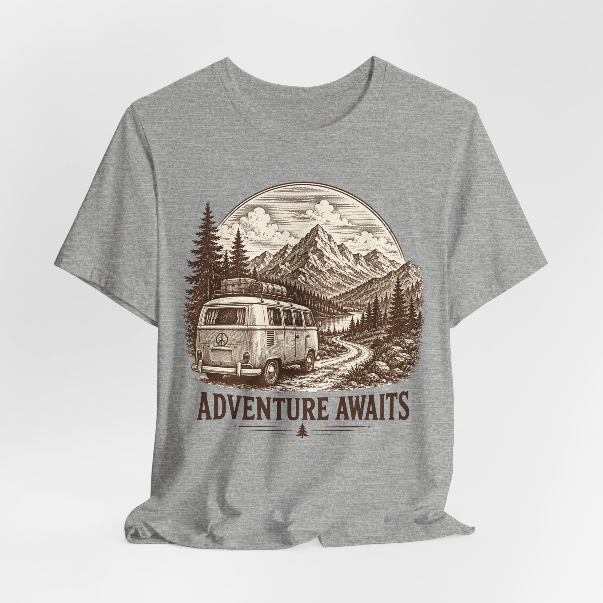 Adventure Awaits Tee in Heather Peach - retro sepia camper van road trip graphic shirt, Barely Outdoorsy Bella Canvas