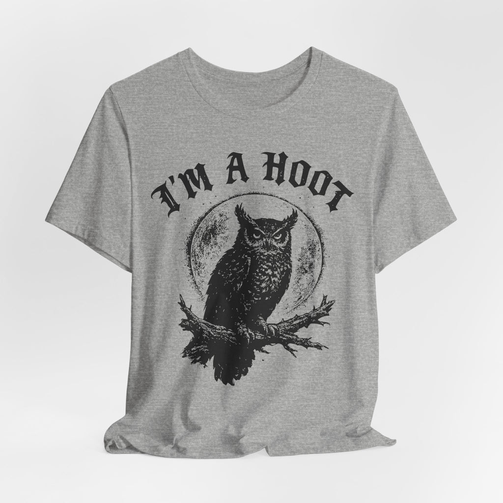 I'm A Hoot Funny Owl T-Shirt in Heather Ice Blue - gothic blackletter owl graphic tee, Barely Outdoorsy