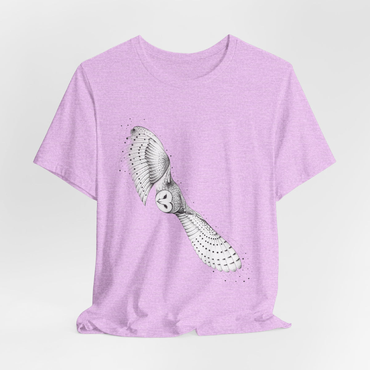 Barn Owl in Flight T-Shirt flat lay Heather True Royal - unisex crew neck barn owl graphic tee, Barely Outdoorsy