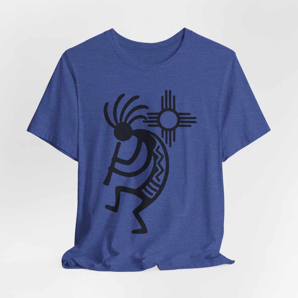 Kokopelli Zia Sun Tee in Heather Aqua - desert kokopelli flute player zia symbol shirt, Barely Outdoorsy