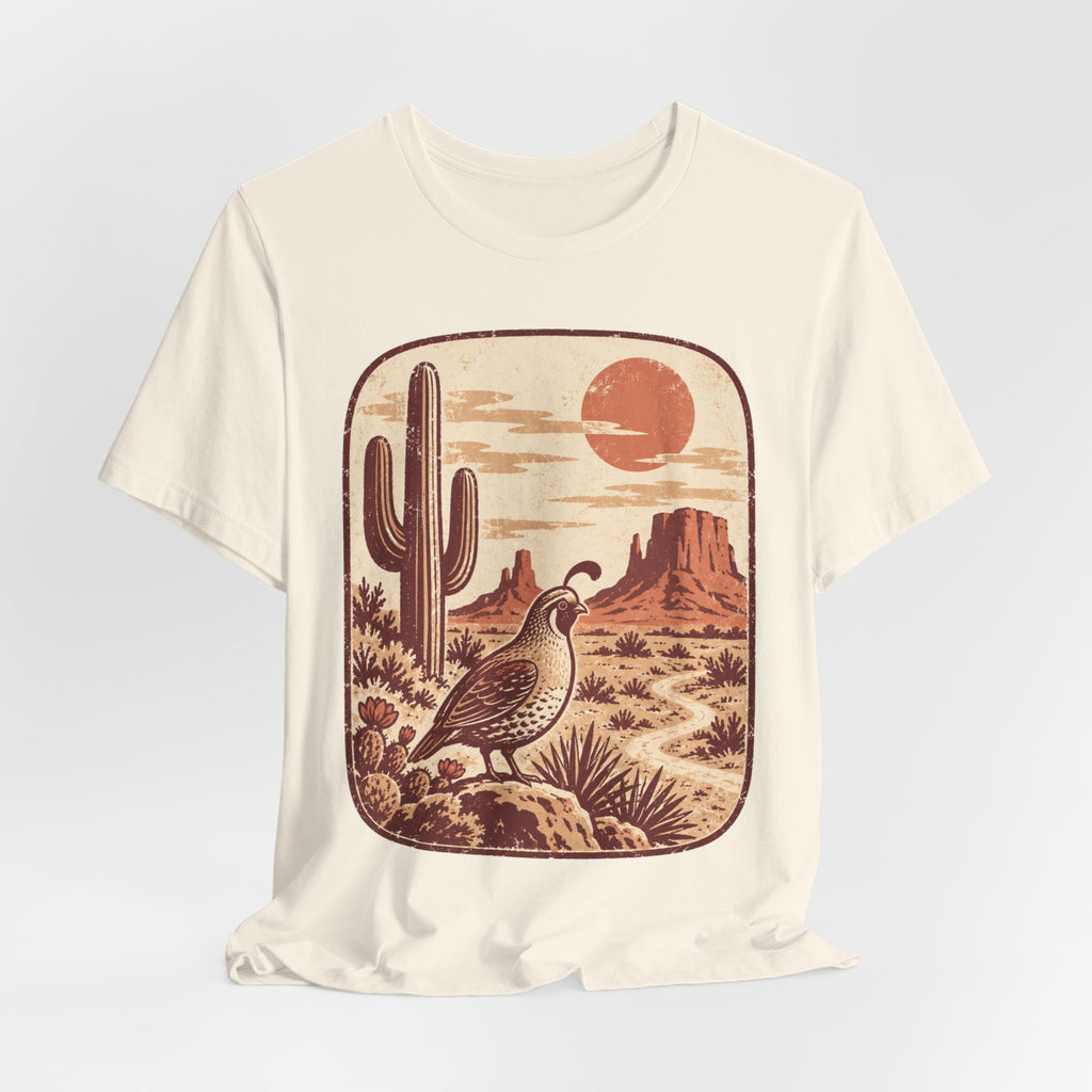 Gambel's Quail Desert Sunset Tee in Heather True Royal - Southwest birding quail sunset shirt, Barely Outdoorsy