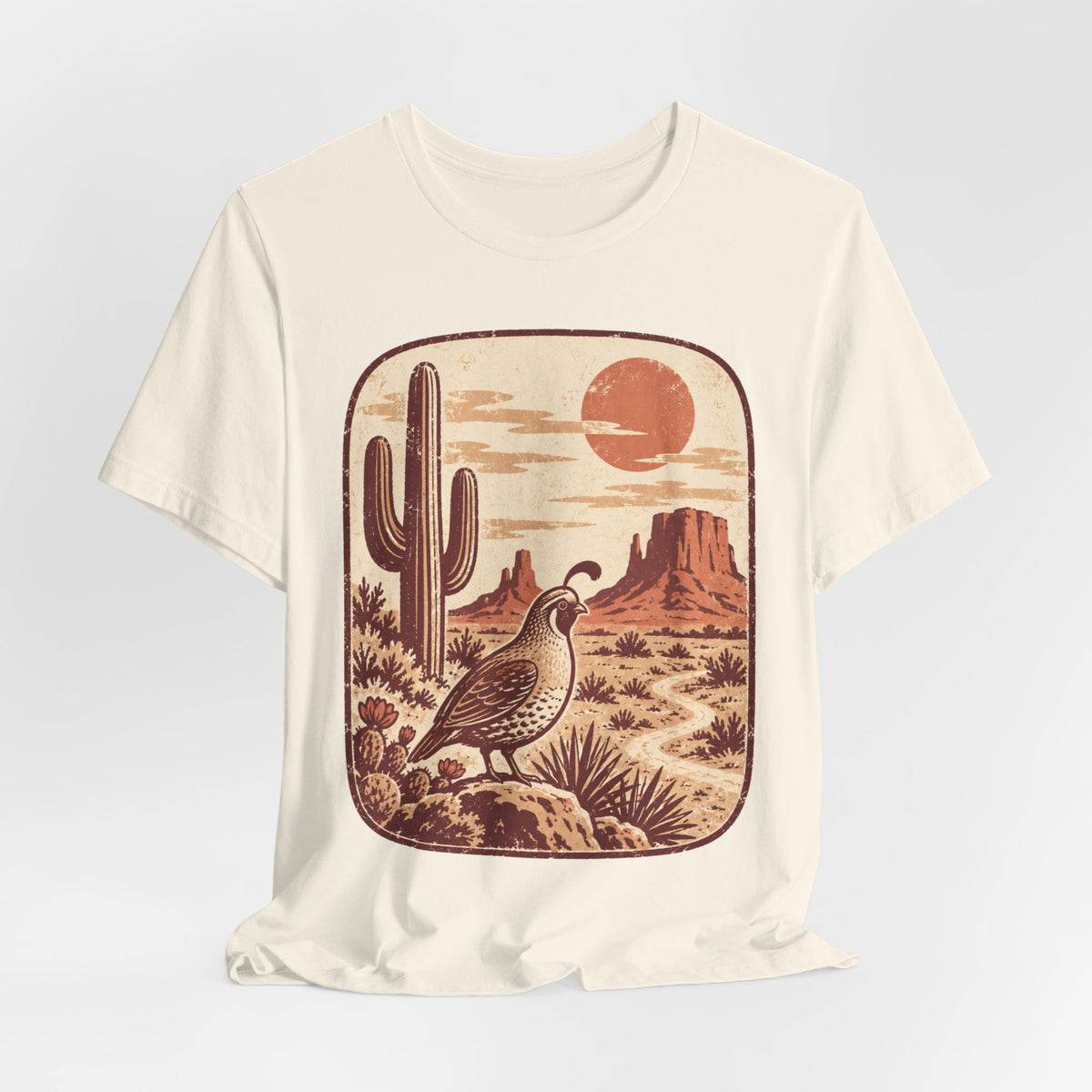 Gambel's Quail Desert Sunset Tee in Heather True Royal - Southwest birding quail sunset shirt, Barely Outdoorsy