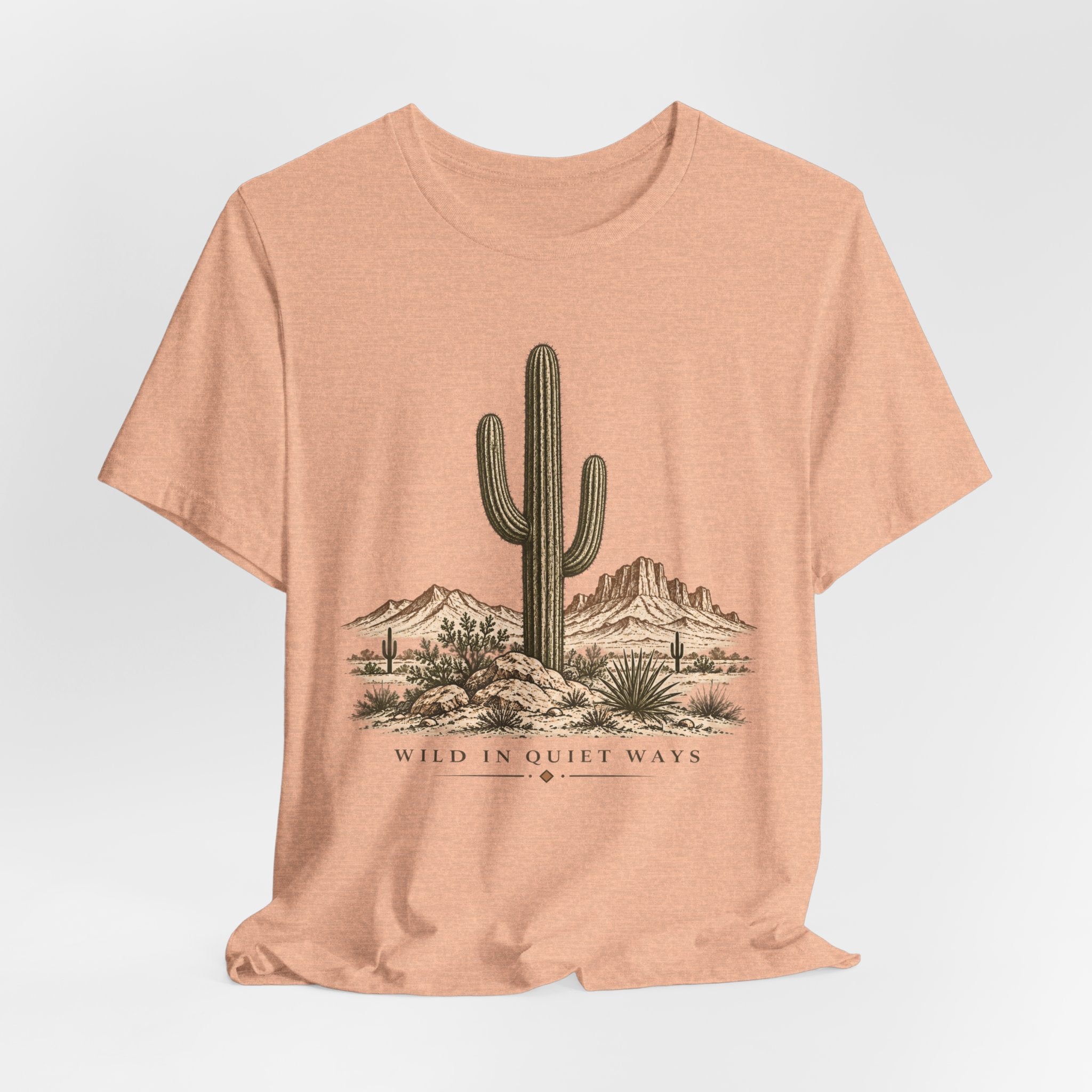 Wild in Quiet Ways Saguaro Tee in Heather Peach - saguaro desert wild quiet shirt, Barely Outdoorsy Bella Canvas 3001
