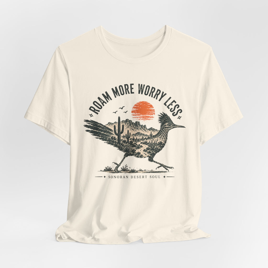 Roam More Worry Less Roadrunner T-Shirt in Ash - Southwest roadrunner graphic tee, Barely Outdoorsy Bella Canvas