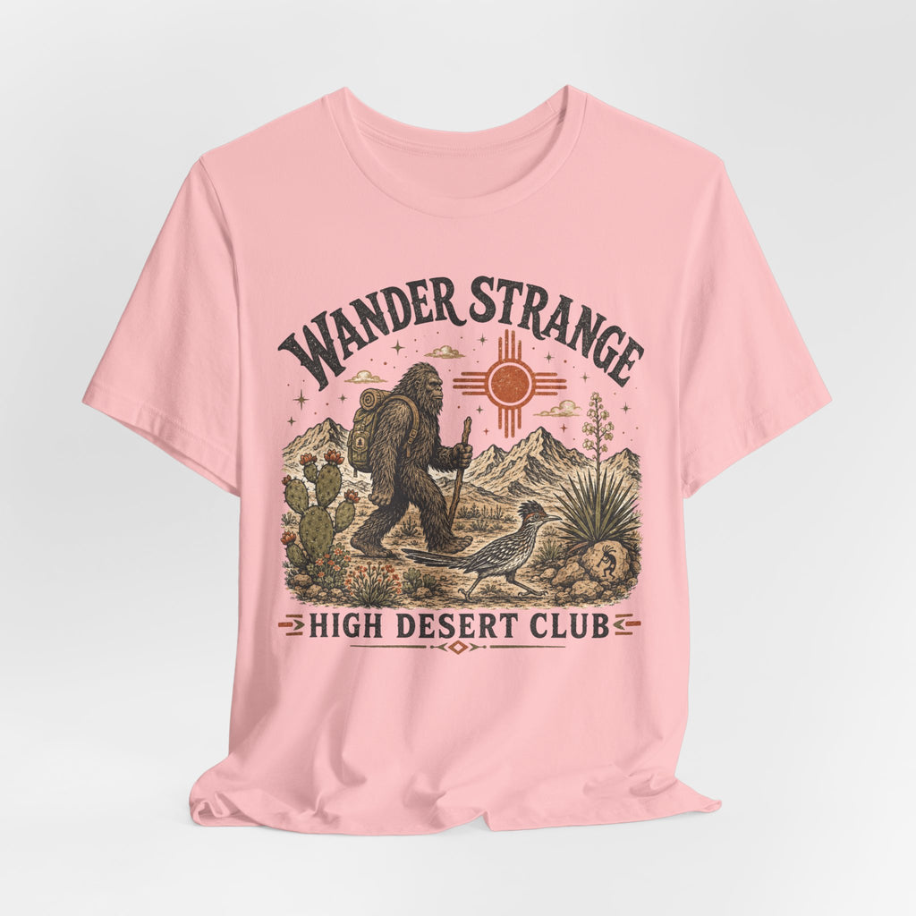 Wander Strange High Desert Club Tee in Heather Ice Blue - retro Bigfoot high desert badge shirt, Barely Outdoorsy Bella Canvas