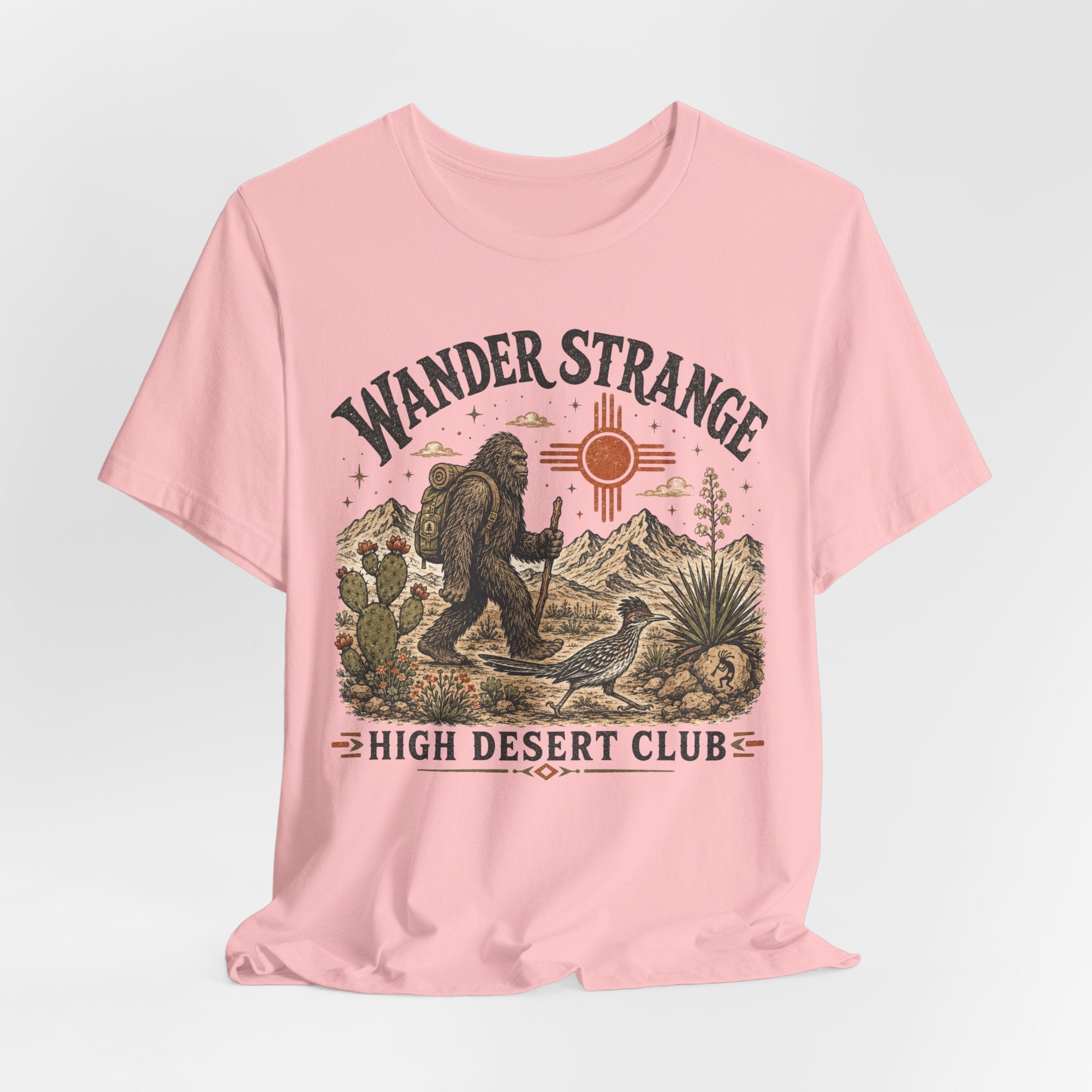 Wander Strange High Desert Club Tee in Heather Ice Blue - retro Bigfoot high desert badge shirt, Barely Outdoorsy Bella Canvas