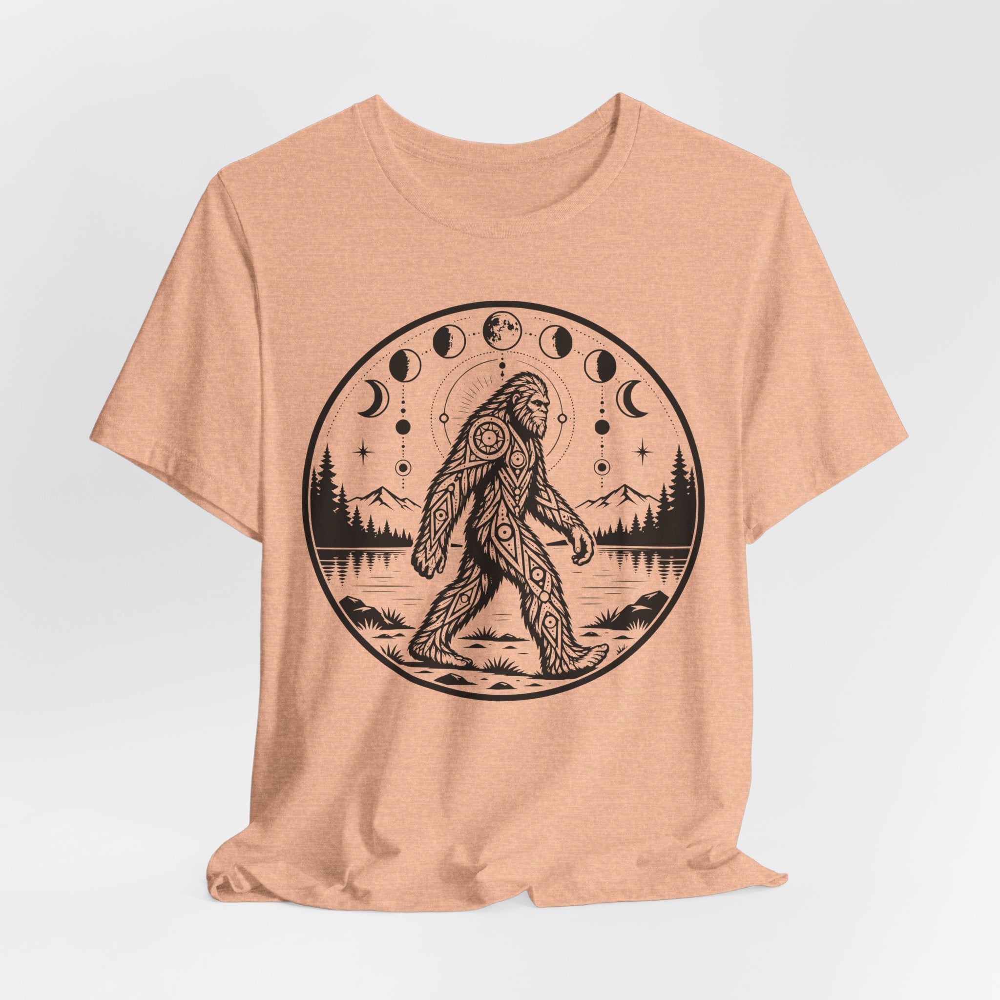 Bigfoot Moon Phases Tee in Heather Peach - boho Bigfoot lunar shirt, Barely Outdoorsy Bella Canvas 3001