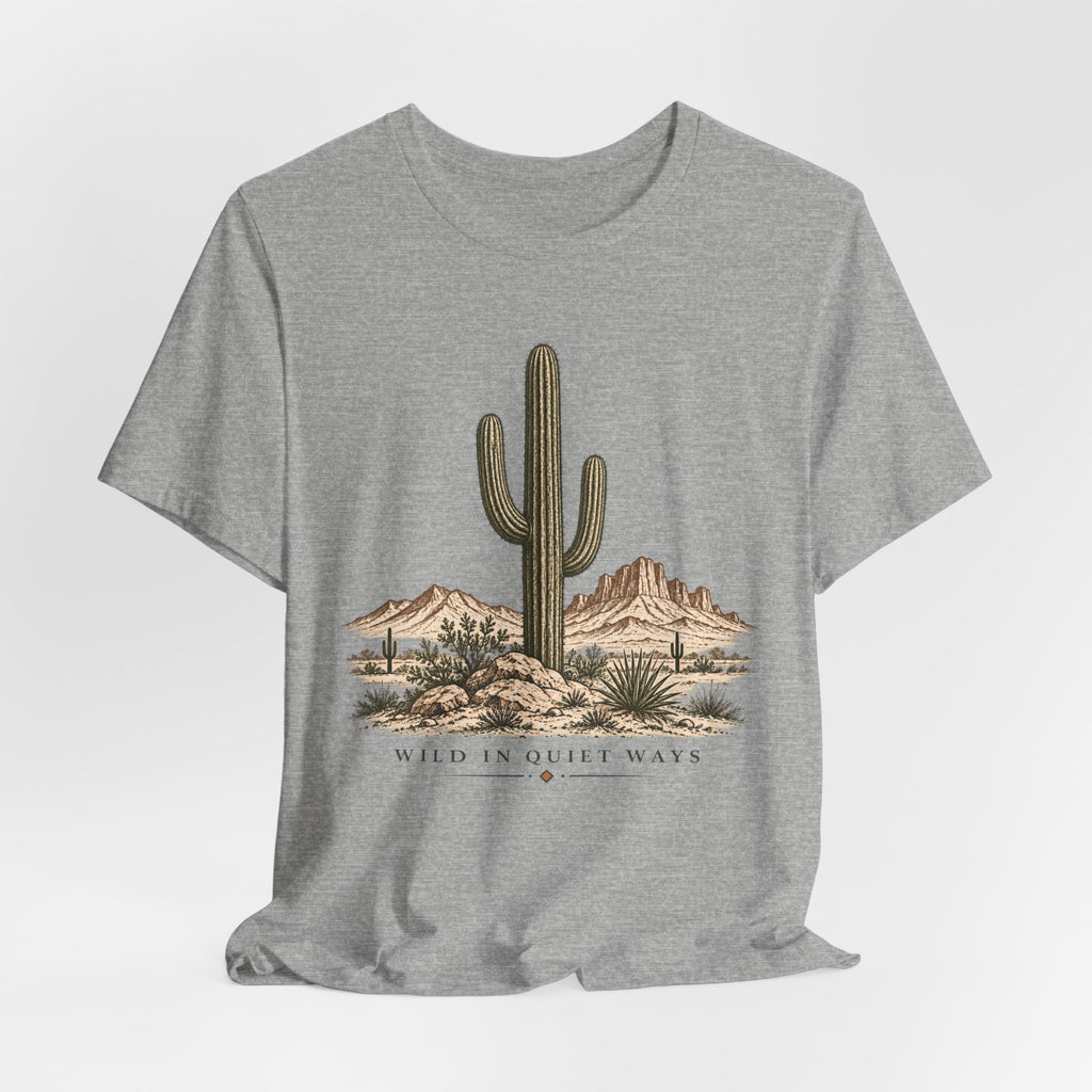 Wild in Quiet Ways Saguaro Tee flat lay Athletic Heather - unisex crew neck saguaro graphic tee, Barely Outdoorsy