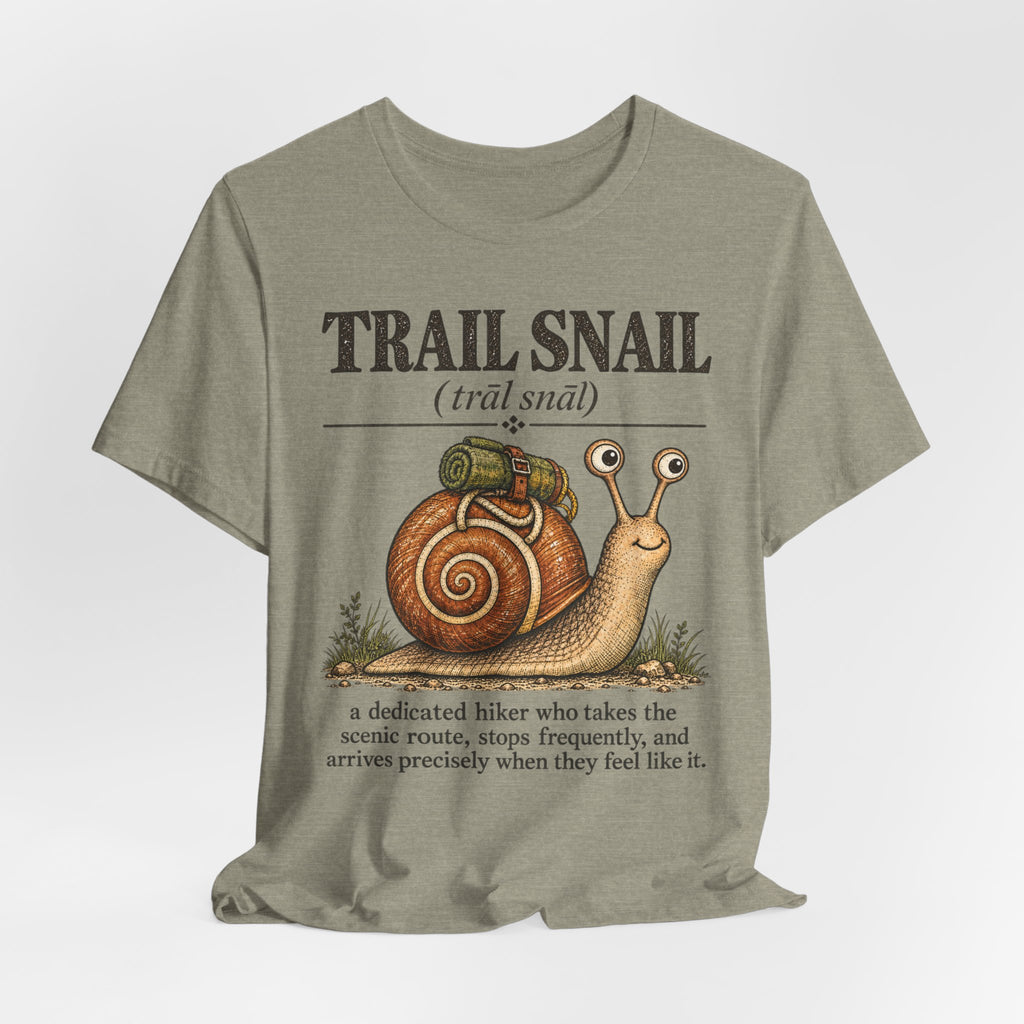 Trail Snail T-Shirt in Heather Storm - funny trail snail hiking graphic tee, Barely Outdoorsy