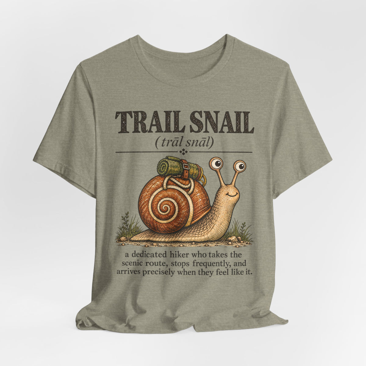 Trail Snail T-Shirt in Heather Storm - funny trail snail hiking graphic tee, Barely Outdoorsy