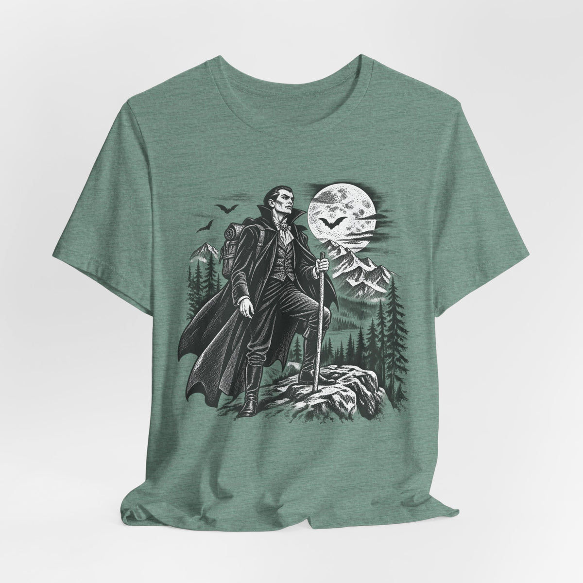 Vampire Night Hiker Tee in Heather Dusty Blue - funny vampire hiker Halloween shirt, Barely Outdoorsy Bella Canvas