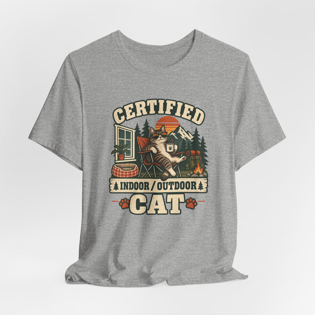 Certified Indoor Outdoor Cat Tee in Heather True Royal - funny cat certified outdoor humor shirt, Barely Outdoorsy