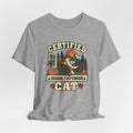 Certified Indoor Outdoor Cat Tee in Heather True Royal - funny cat certified outdoor humor shirt, Barely Outdoorsy