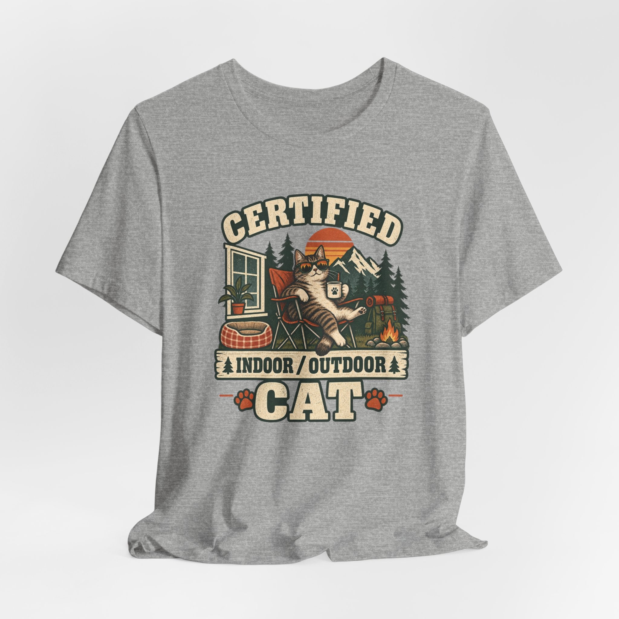 Certified Indoor Outdoor Cat Tee in Heather True Royal - funny cat certified outdoor humor shirt, Barely Outdoorsy