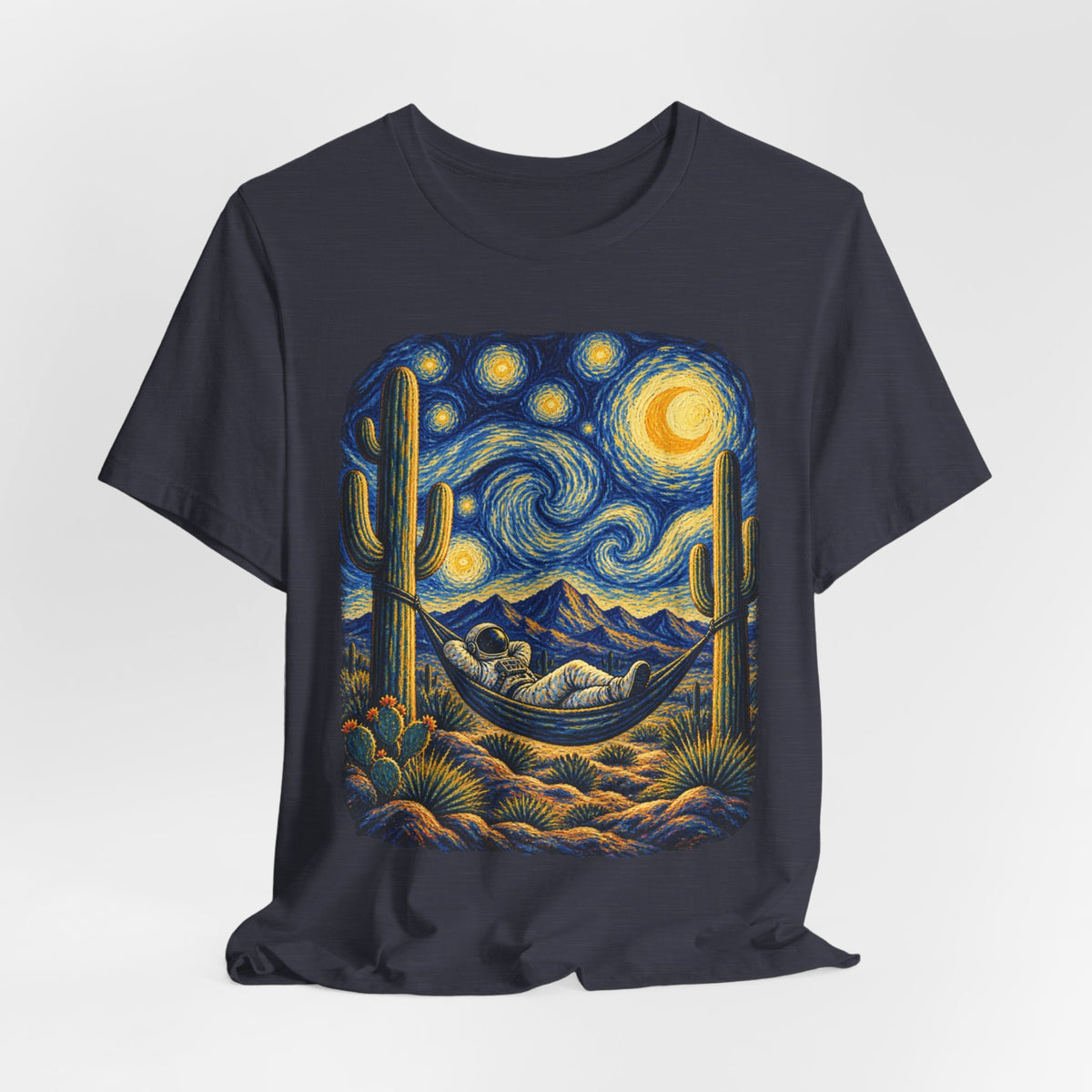 Starry Night Desert Astronaut T-Shirt in Deep Heather - Southwest desert astronaut starry night space graphic tee, Barely Outdoorsy Bella Canvas 3001