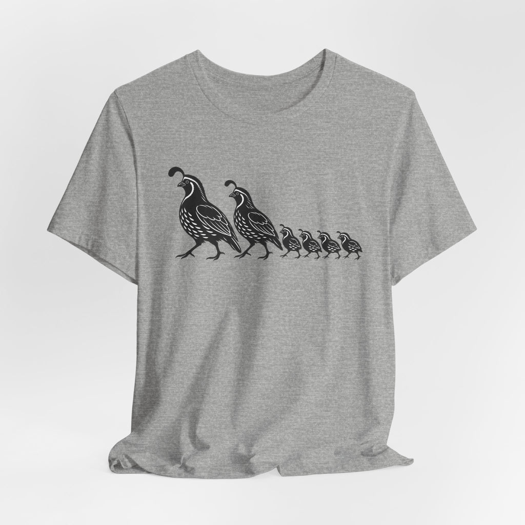 Quail Family Walk Tee in White - Gambel's quail family Southwest shirt, Barely Outdoorsy
