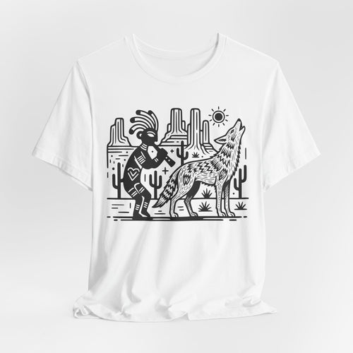 Vintage Coyote Kokopelli Tee in White - bold linocut coyote Kokopelli saguaro desert shirt, Barely Outdoorsy