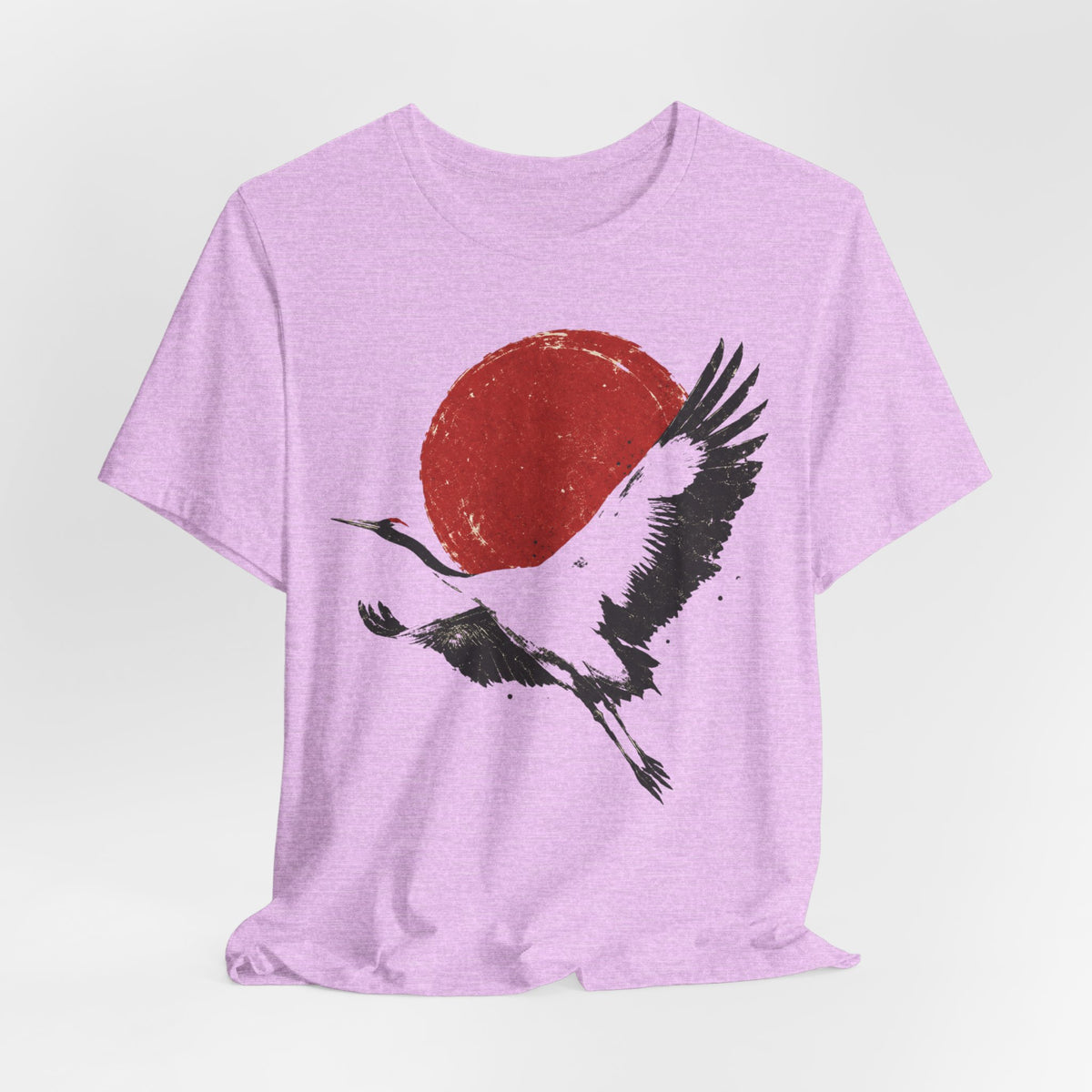 Red Crowned Crane Sumi-e T-Shirt in Heather Stone - Japanese ink wash crane graphic tee, Barely Outdoorsy Bella Canvas