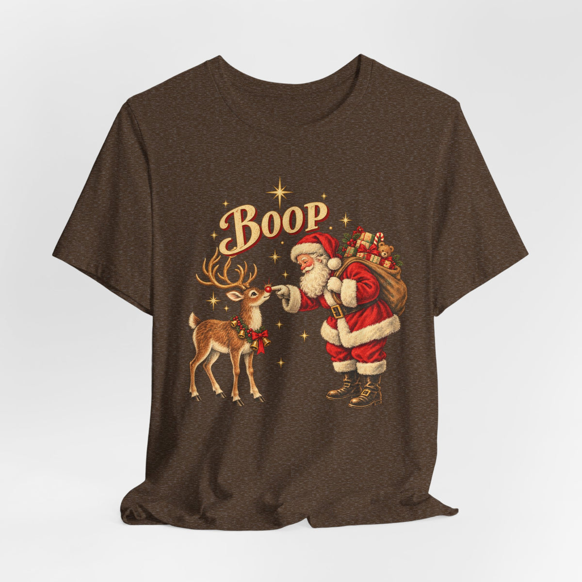 Santa Boop Reindeer Christmas T-Shirt in Dark Grey Heather - funny Santa boop reindeer Christmas holiday graphic tee, Barely Outdoorsy Bella Canvas 3001