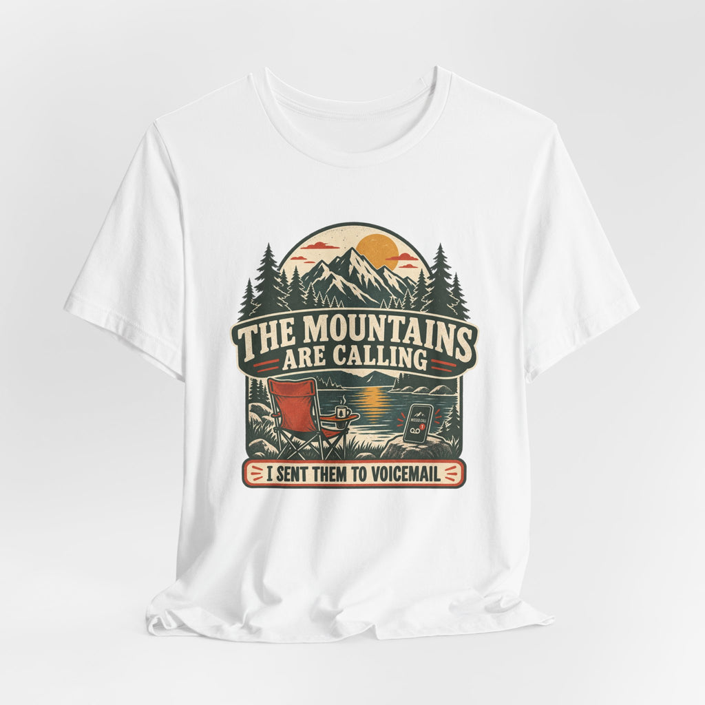 Mountains Are Calling Voicemail Tee in Black Heather - funny mountains voicemail hiking shirt, Barely Outdoorsy Bella Canvas