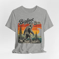 Bigfoot Was Here T-Shirt in Heather Prism Ice Blue - retro Sasquatch pine forest graphic tee, Barely Outdoorsy