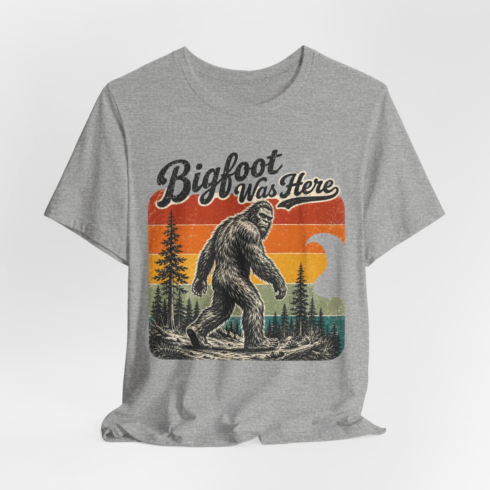 Bigfoot Was Here T-Shirt in Heather Prism Ice Blue - retro Sasquatch pine forest graphic tee, Barely Outdoorsy