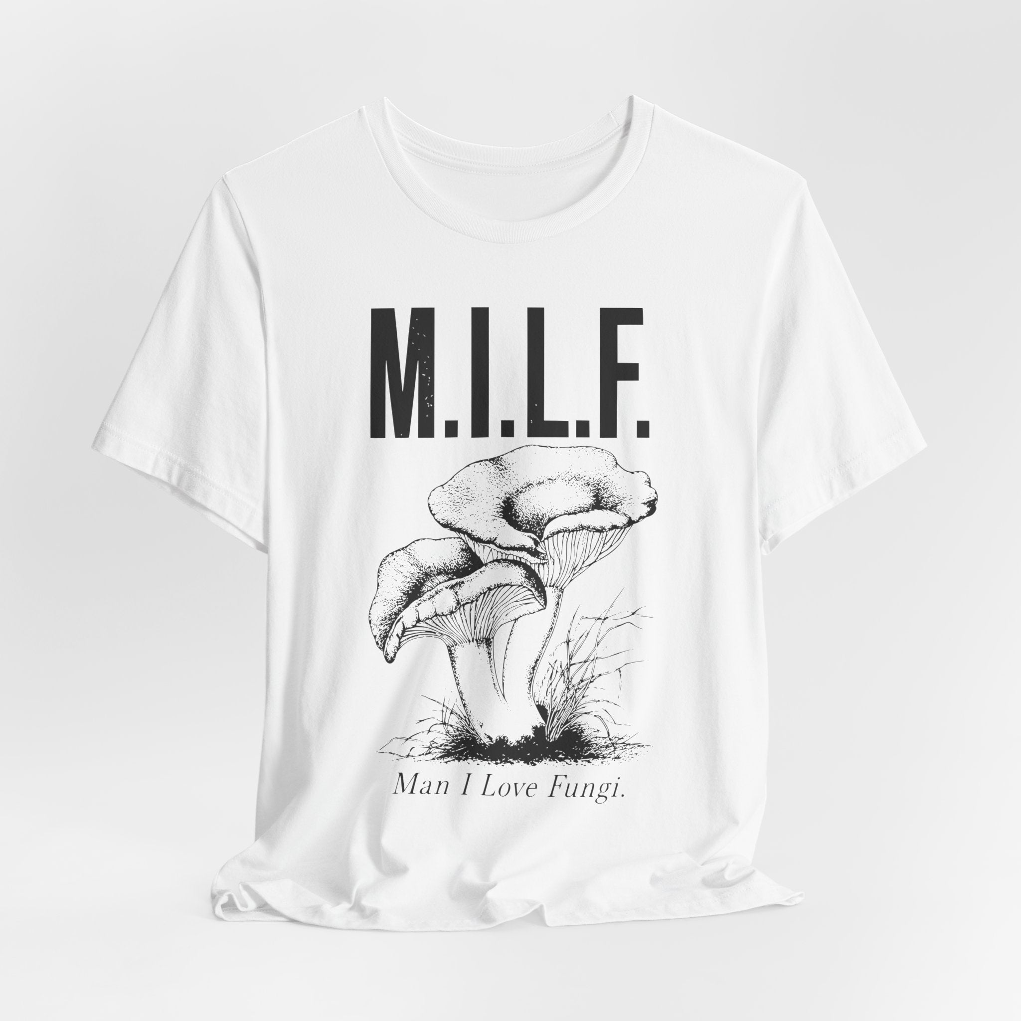 Man I Love Fungi T-Shirt in Athletic Heather - MILF mushroom pun chanterelle illustration graphic tee, Barely Outdoorsy Bella Canvas 3001