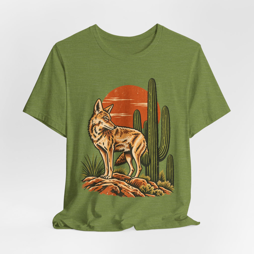 Arizona Coyote Saguaro T-Shirt in Heather Dusty Blue - Arizona desert coyote saguaro Southwest graphic tee, Barely Outdoorsy