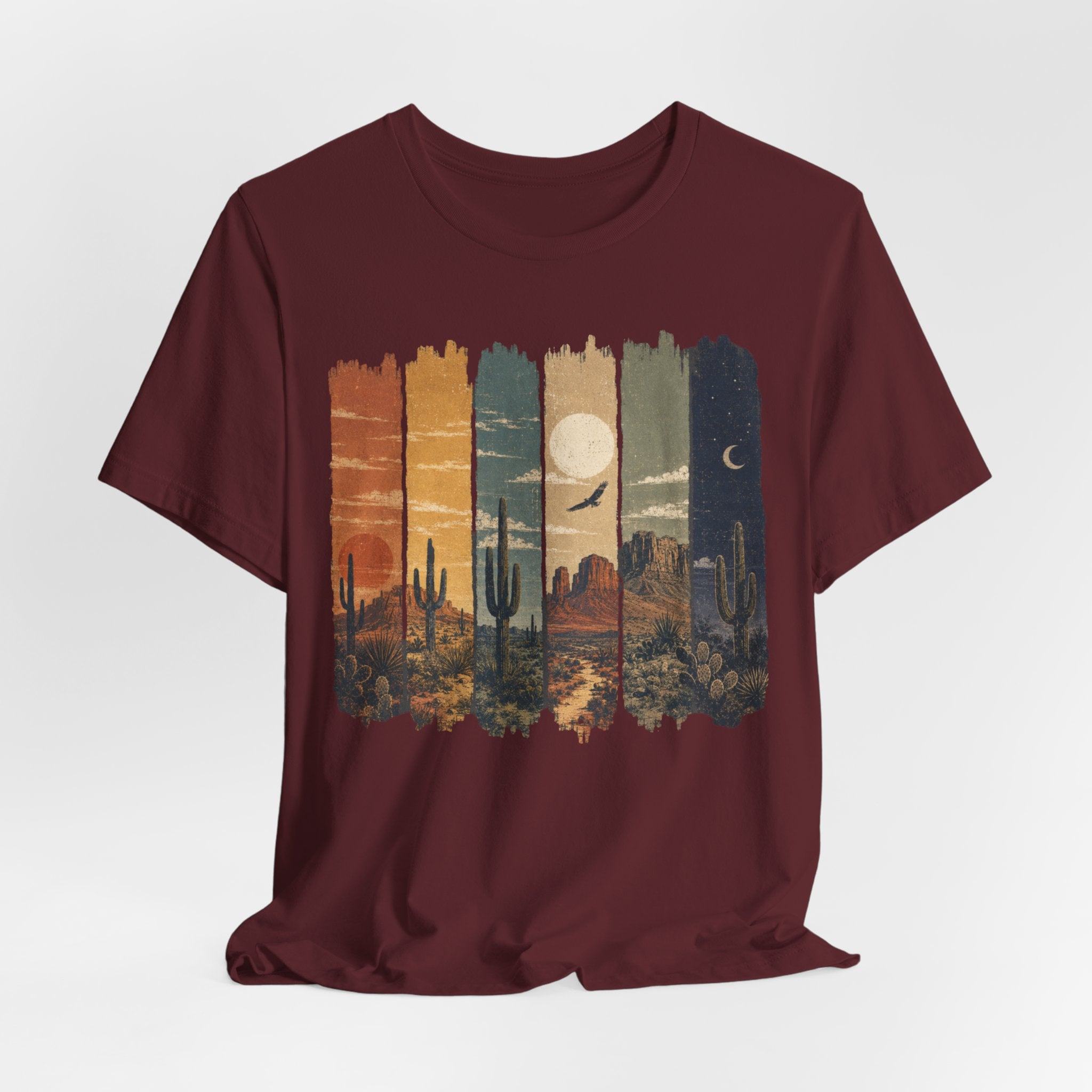 Desert Day to Night Saguaro Tee in Navy detail - saguaro day night split close-up graphic, Barely Outdoorsy Bella Canvas 3001