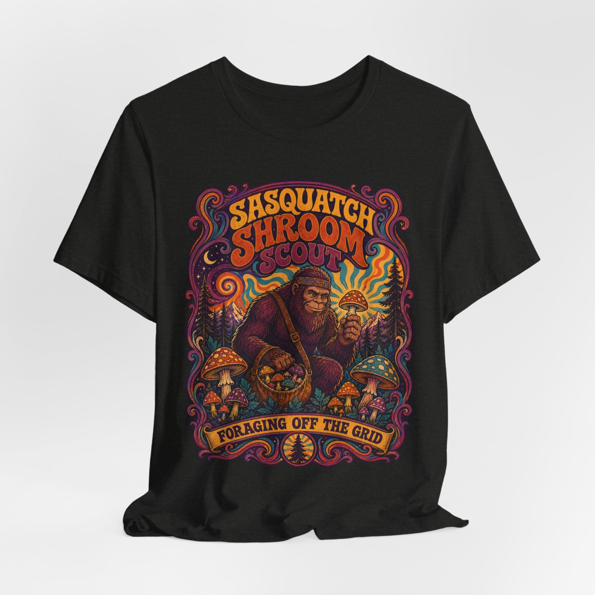 Sasquatch Shroom Scout Tee in Red - funny Sasquatch mushroom scout graphic shirt, Barely Outdoorsy