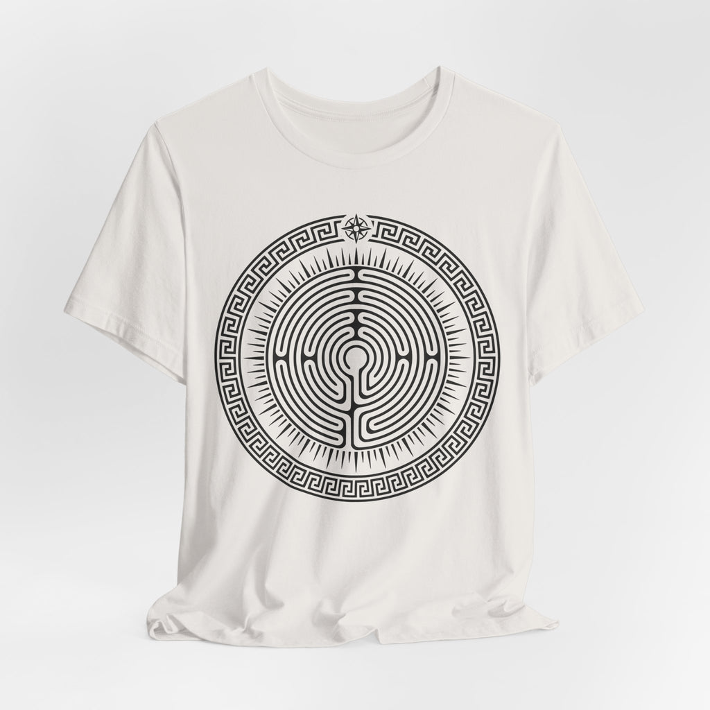Journey Labyrinth Tee in Vintage White - circular maze geometric design shirt, Barely Outdoorsy Bella Canvas 3001