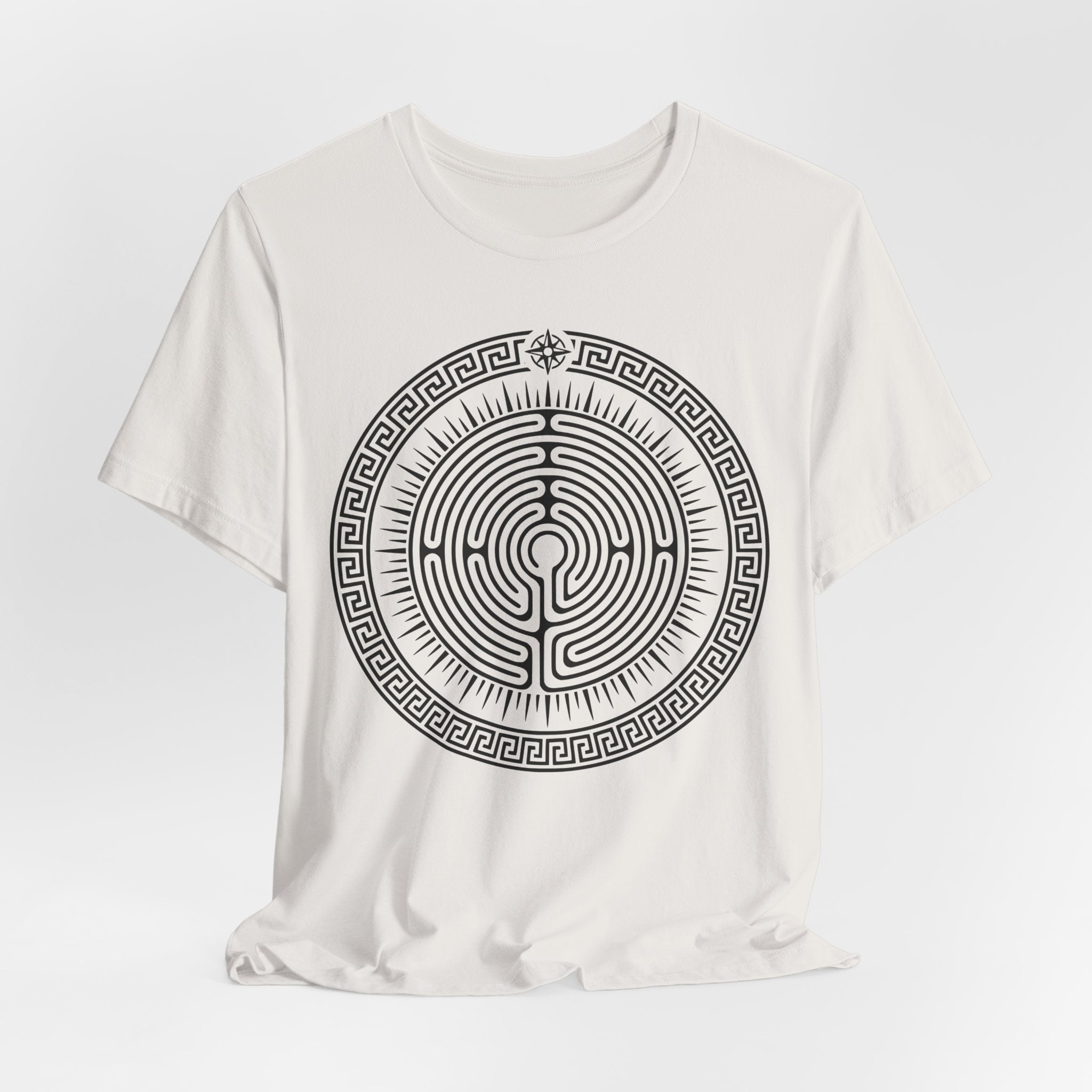 Journey Labyrinth Tee in Vintage White - circular maze geometric design shirt, Barely Outdoorsy Bella Canvas 3001