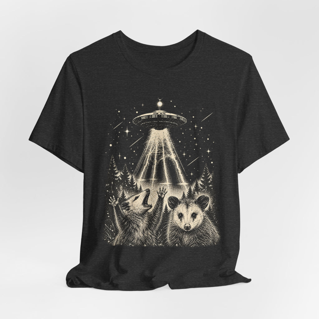 UFO Opossum Abduction T-Shirt in Athletic Heather - funny alien UFO opossum abduction graphic tee, Barely Outdoorsy Bella Canvas 3001