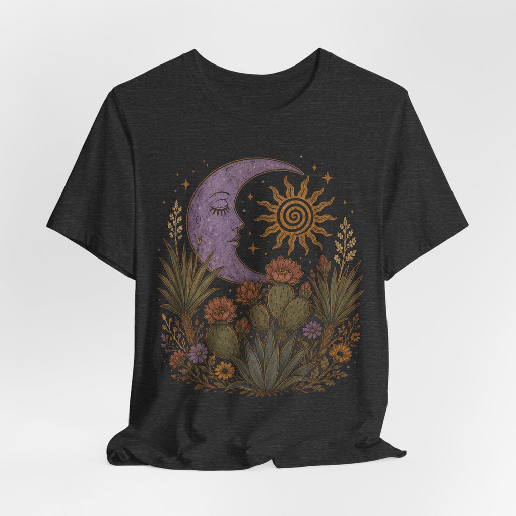 Desert Moon and Sun Celestial Botanical T-Shirt in Mauve - boho desert moon sun botanical graphic tee, Barely Outdoorsy