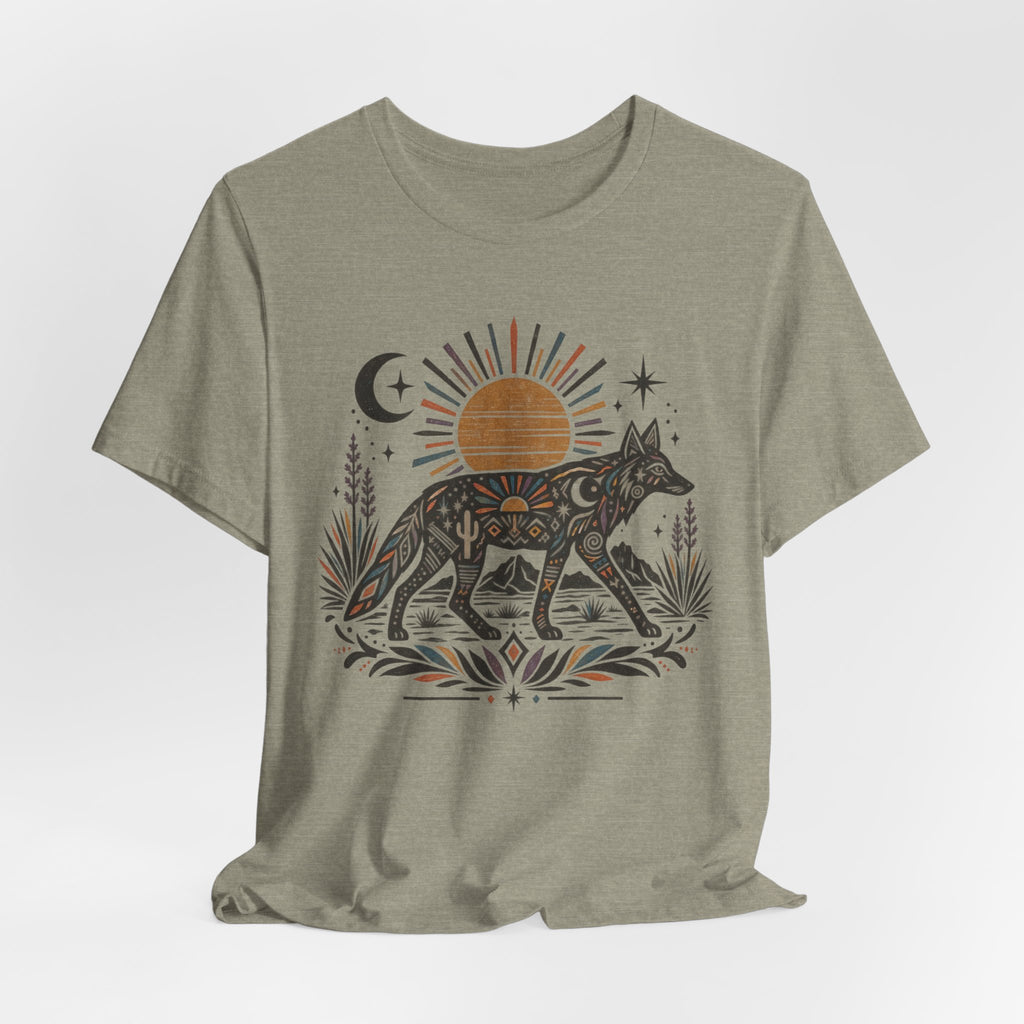 Boho Desert Sun Coyote T-Shirt in Dark Grey Heather - boho Southwest desert sun coyote mandala graphic tee, Barely Outdoorsy Bella Canvas 3001