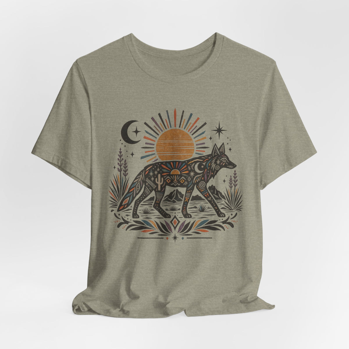 Boho Desert Sun Coyote T-Shirt in Dark Grey Heather - boho Southwest desert sun coyote mandala graphic tee, Barely Outdoorsy Bella Canvas 3001