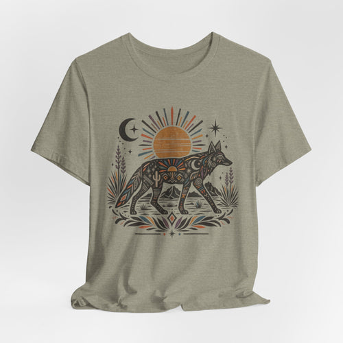 Boho Desert Sun Coyote T-Shirt in Dark Grey Heather - boho Southwest desert sun coyote mandala graphic tee, Barely Outdoorsy Bella Canvas 3001