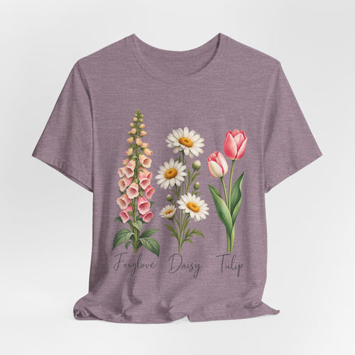 FDT Foxglove Daisy Tulip T-Shirt in Dark Grey Heather - funny botanical wildflower FDT foxglove daisy tulip graphic tee, Barely Outdoorsy Bella Canvas 3001