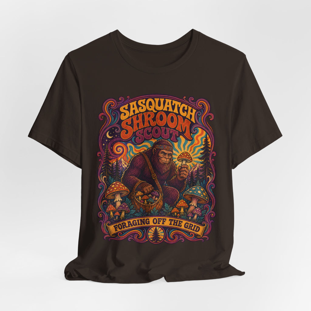 Sasquatch Shroom Scout Tee flat lay Dark Grey Heather - unisex crew neck funny Bigfoot graphic tee