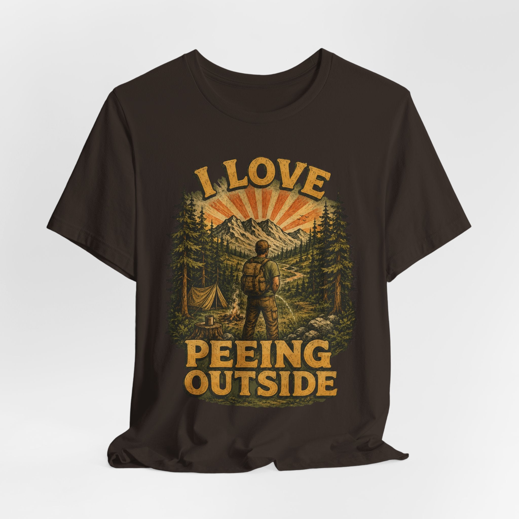 I Love Peeing Outside Tee in Black worn shot - funny camping nature humor shirt, Barely Outdoorsy