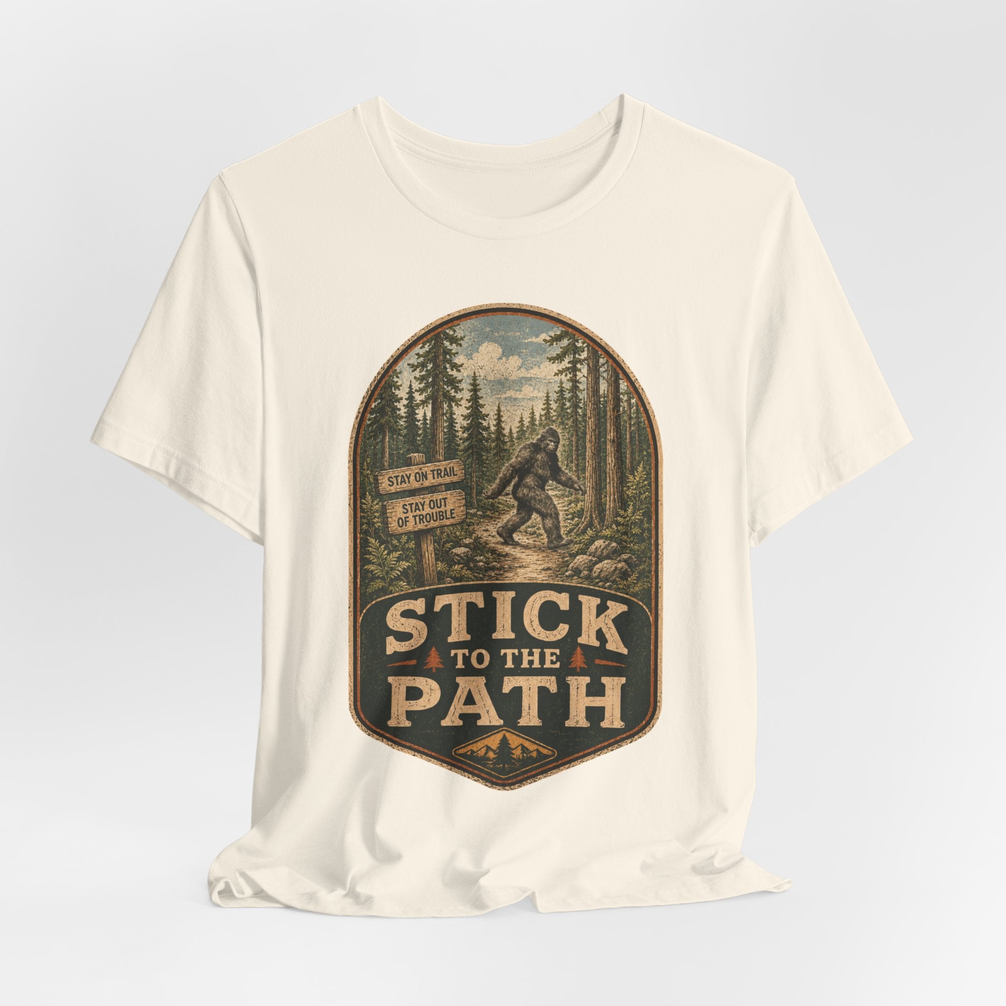 Stick To The Path Bigfoot T-Shirt in Maroon - funny Bigfoot path humor graphic tee, Barely Outdoorsy Bella Canvas