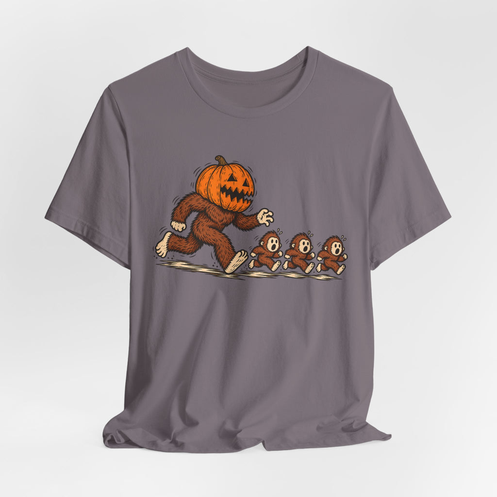 Pumpkin Head Bigfoot Halloween T-Shirt in Mustard - funny pumpkin Bigfoot Halloween graphic tee, Barely Outdoorsy