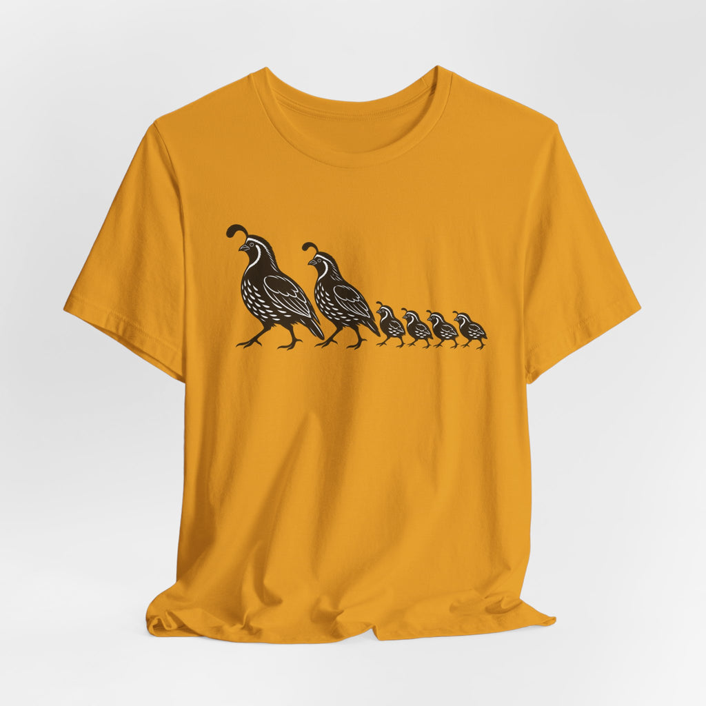 Quail Family Walk T-Shirt in Heather Peach - sweet quail family walk graphic tee, Barely Outdoorsy Bella Canvas